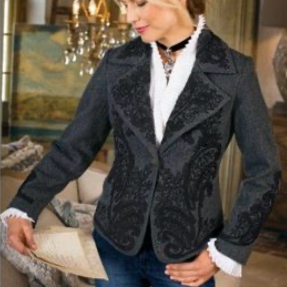 Soft Surroundings Eaton Manor Blazer Gray Wool Herringbone Black Embellishment S
